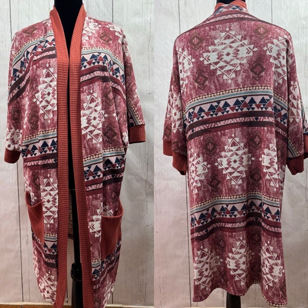 White Birch Boho Aztec Knit Kimono Cardigan Pocket Duster M Southwestern Cozy